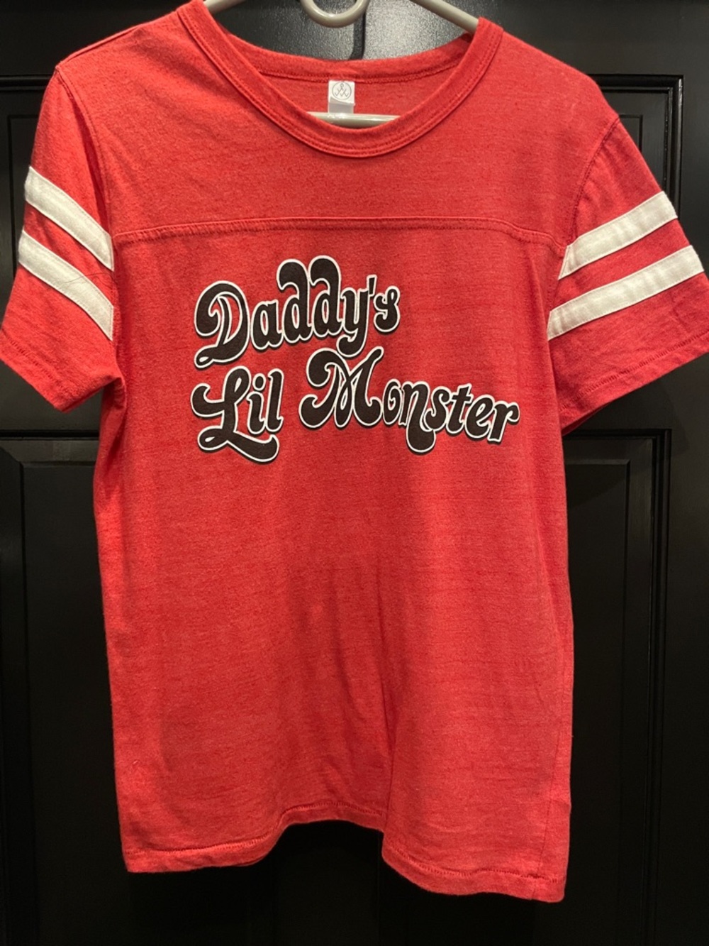 Alternative Red 'Daddy's Lil Monster' Graphic Tee with White Stripe Sleeves